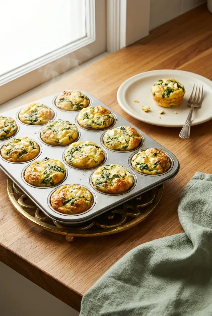 Sheet pan cottage cheese egg bites with spinach and feta fresh from the oven on a brass trivet.
