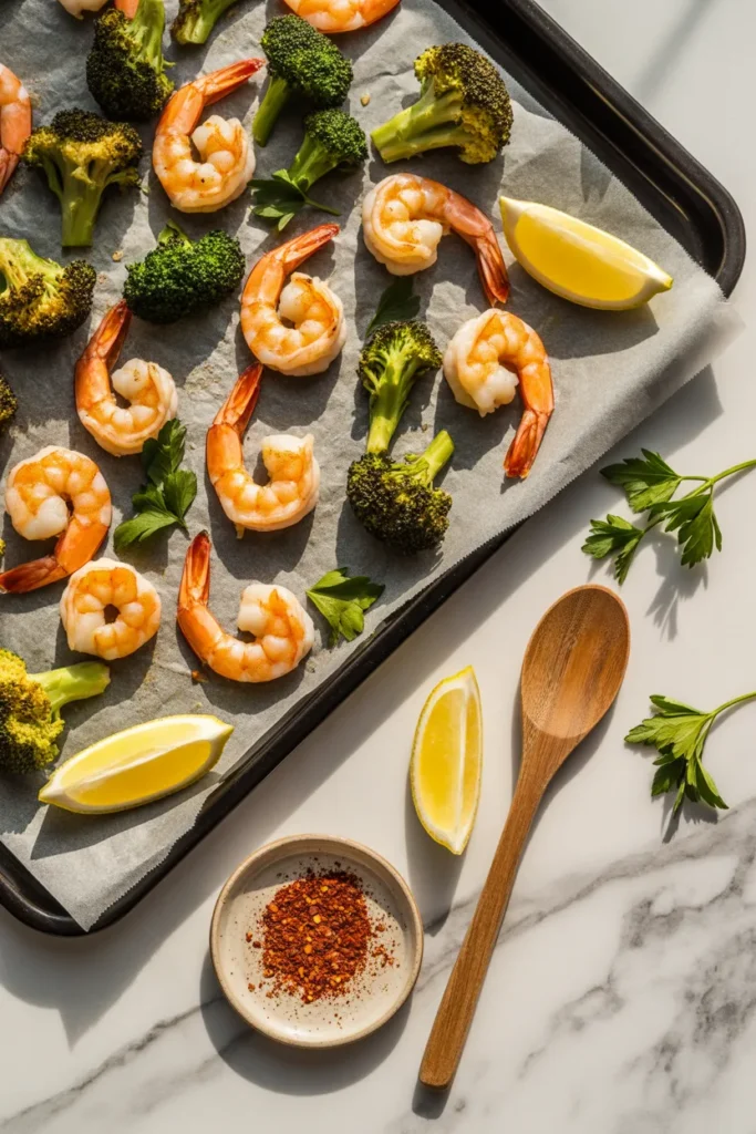 Sheet pan garlic butter shrimp with lemon wedges and roasted broccoli on parchment paper.