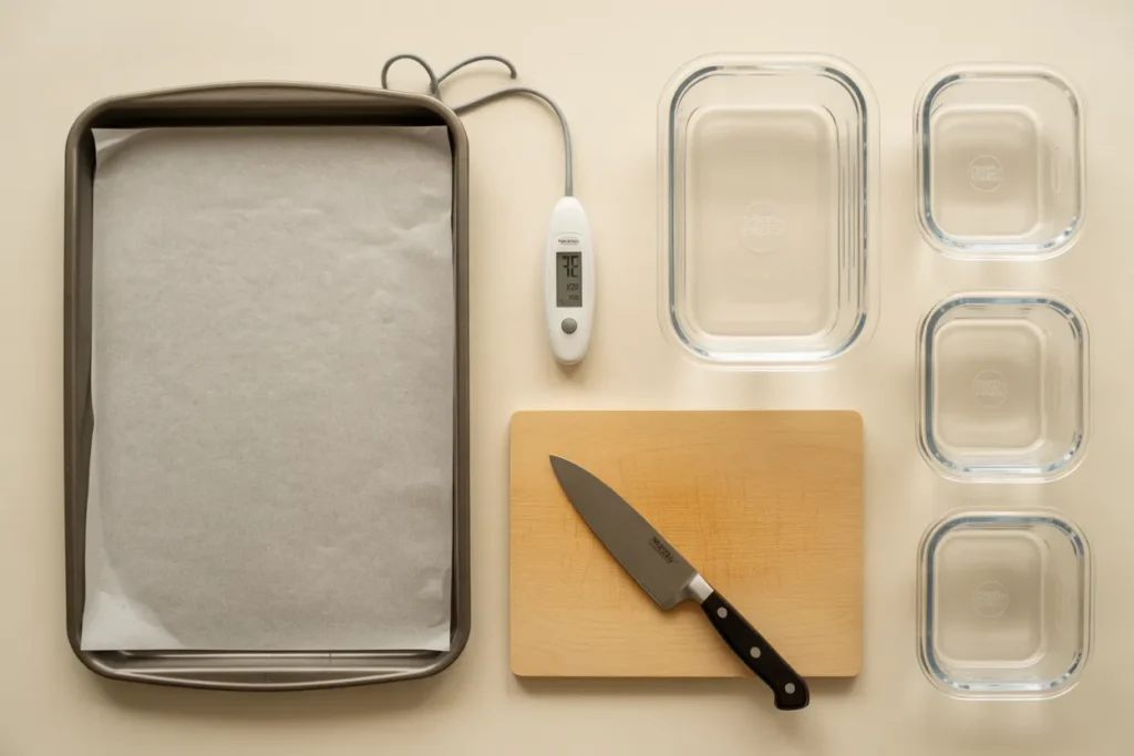 Sheet pan, parchment paper, instant-read thermometer, and meal prep containers laid out on a counter