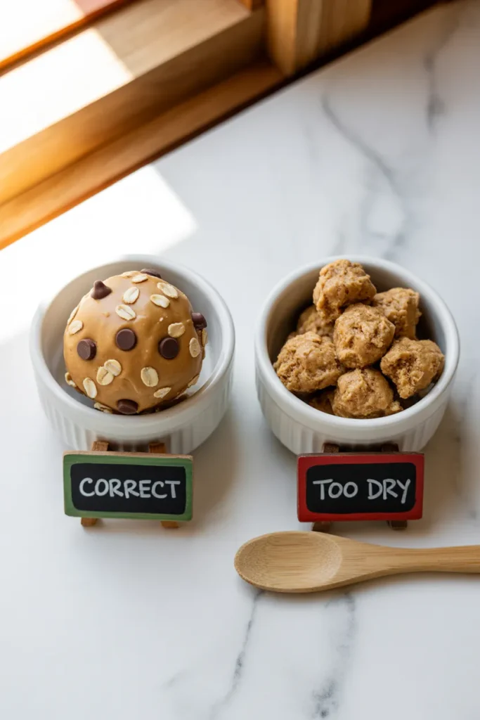 Side by side comparison of correctly mixed and incorrectly mixed protein ball dough showing texture differences.