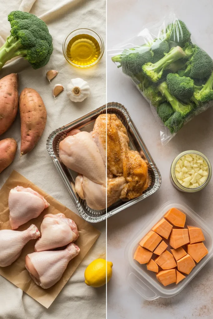 Side-by-side comparison of from-scratch ingredients versus rotisserie chicken and frozen vegetable shortcuts