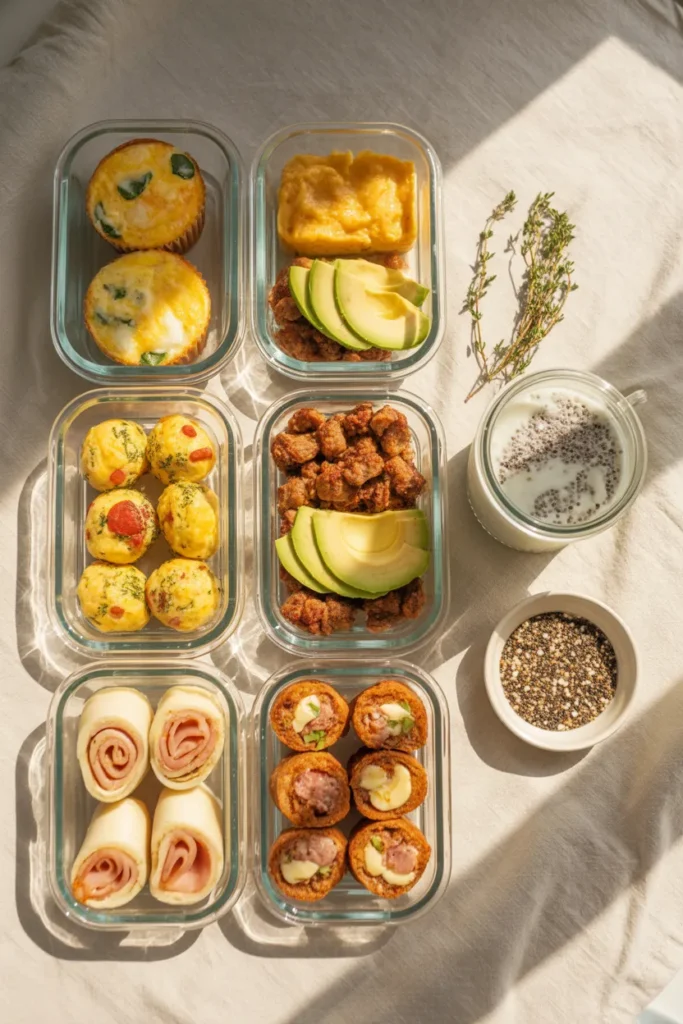 Six glass meal prep containers with a week of keto breakfast recipes including egg muffins, casserole, and chia pudding.