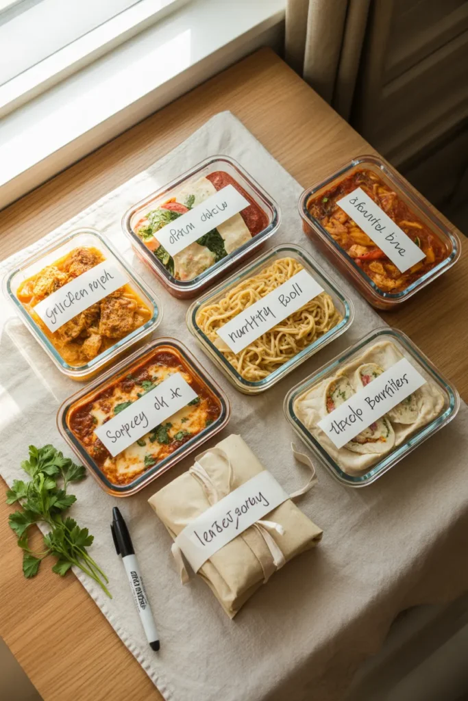 Six labeled glass freezer meal prep containers on a cream cloth showing chicken, lasagna, soup, and burrito bowls