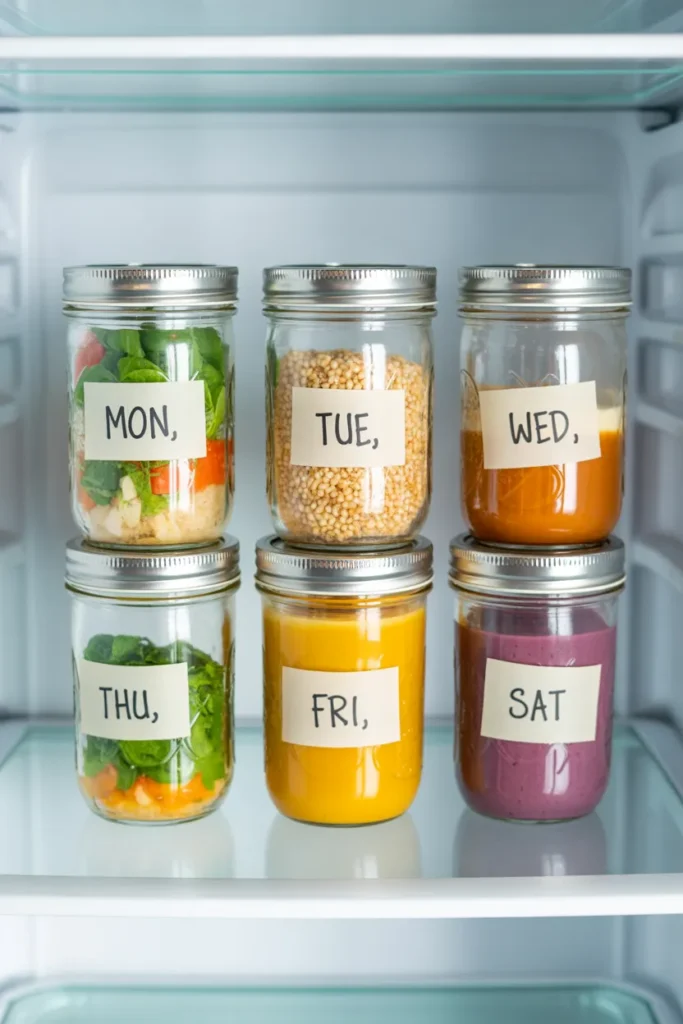 Six labeled mason jars of overnight oats lined up on a fridge shelf for Sunday meal prep