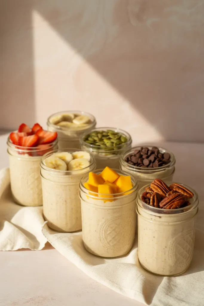 Six mason jars of high-protein overnight oats with different toppings lined up for weekly meal prep