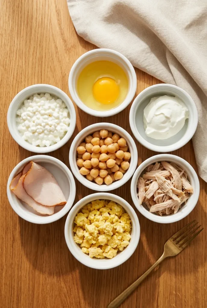 Six small ramekins of cottage cheese, eggs, yogurt, turkey, chickpeas, and chicken for protein stacking.