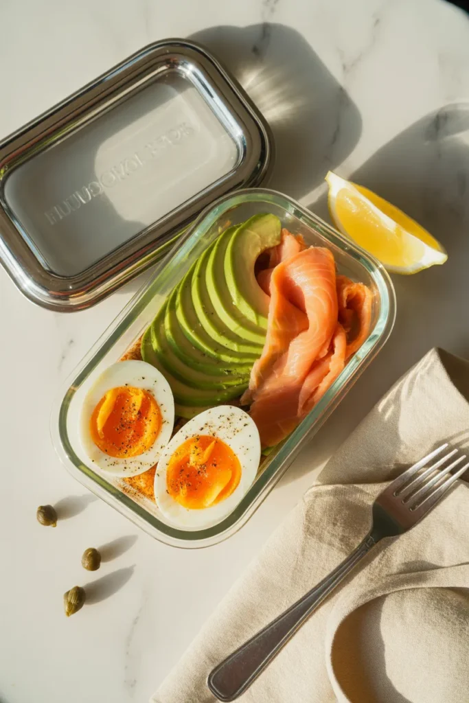 Smoked salmon and avocado keto breakfast bowl in a glass meal prep container with soft-boiled eggs and capers.