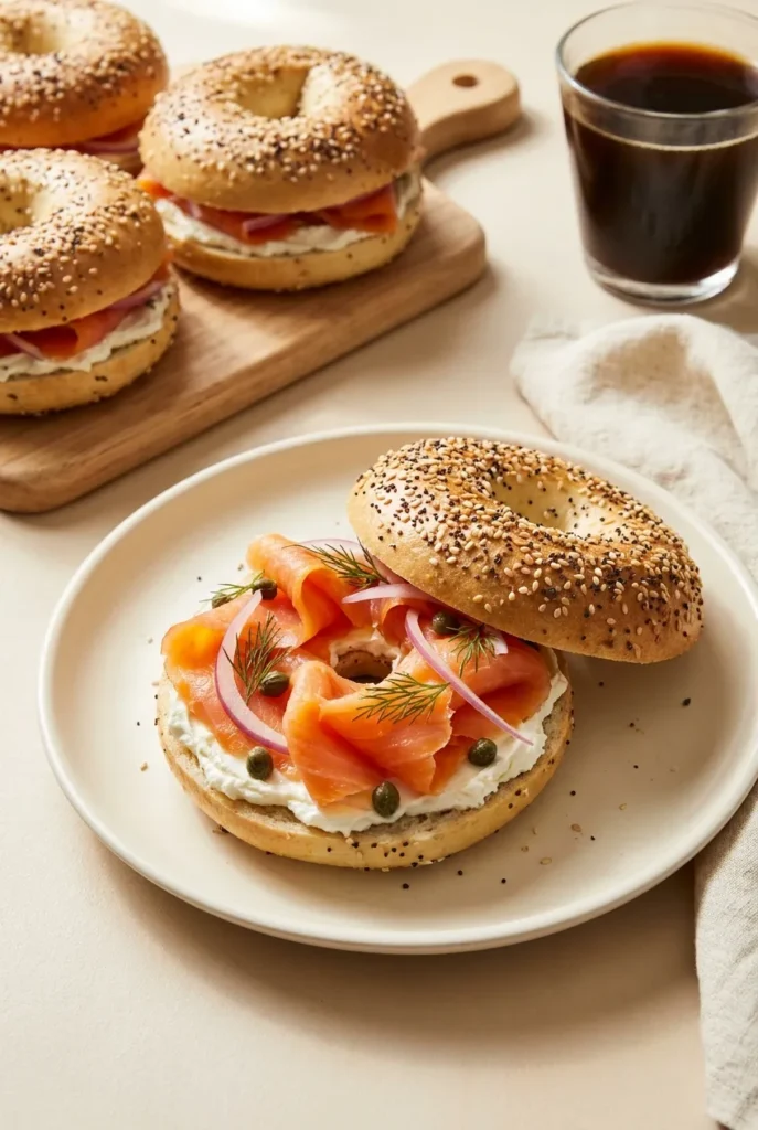 Smoked salmon and cream cheese bagel stack with red onion, capers, and fresh dill on cream ceramic.