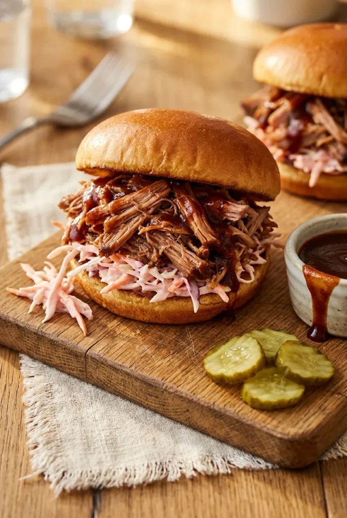 Soft brioche bun stacked with slow cooker pulled pork and coleslaw on a wooden cutting board.