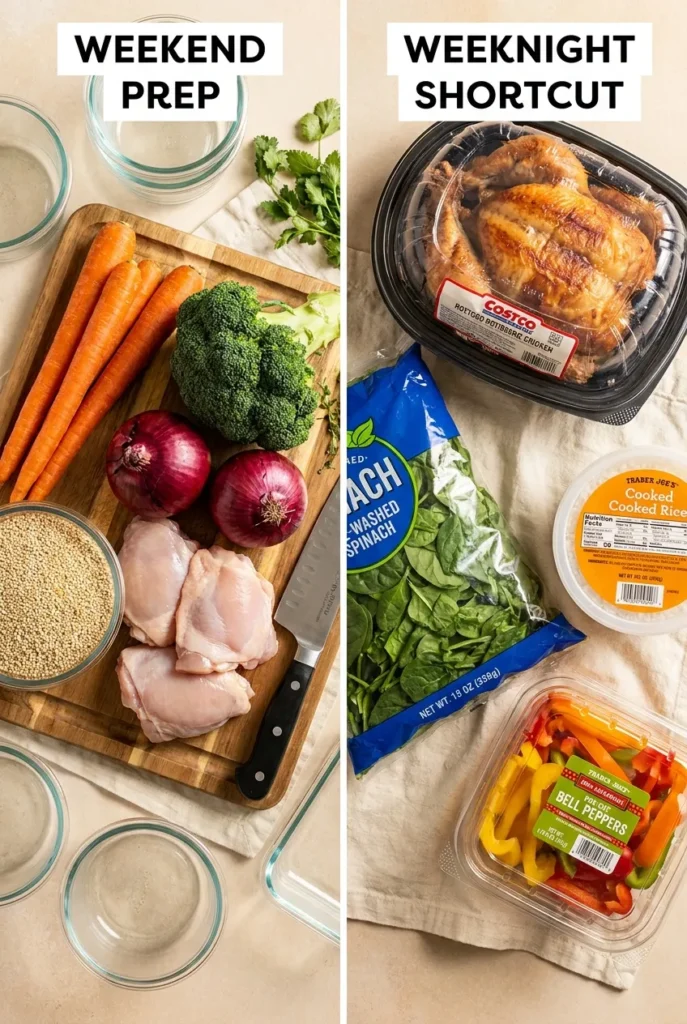 Split-screen photo comparing from-scratch weekend meal prep ingredients to weeknight rotisserie chicken shortcut prep.
