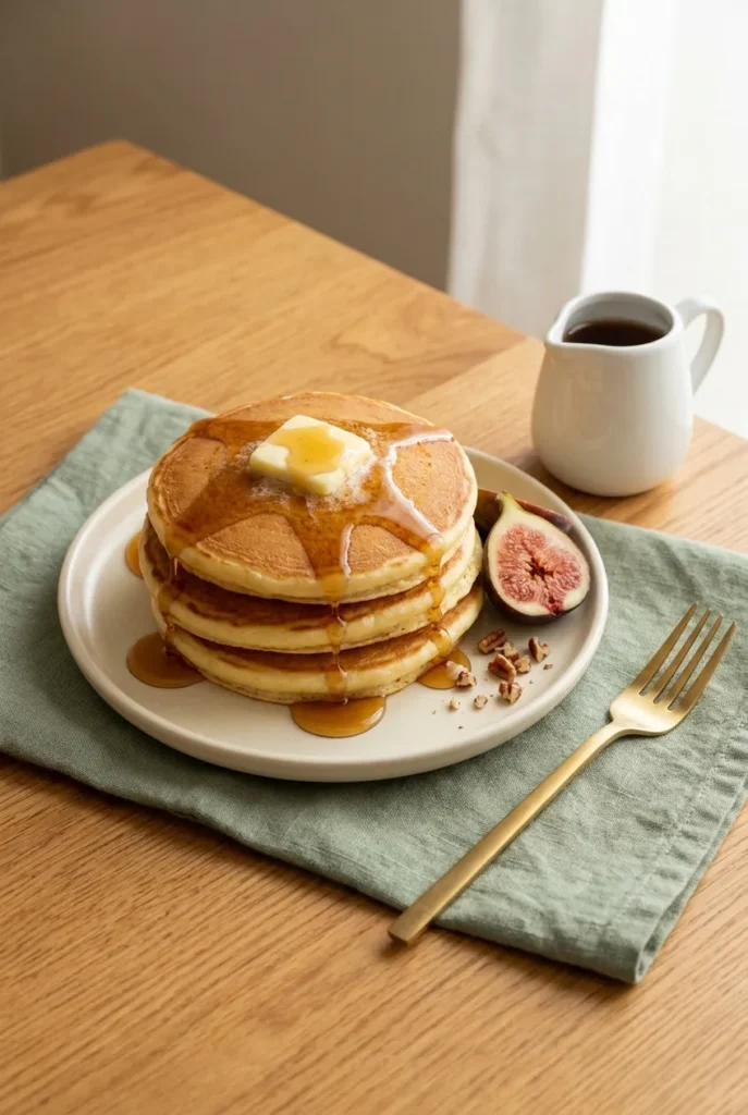 Stack of three golden cottage cheese protein pancakes with butter, maple syrup, and a halved fig.
