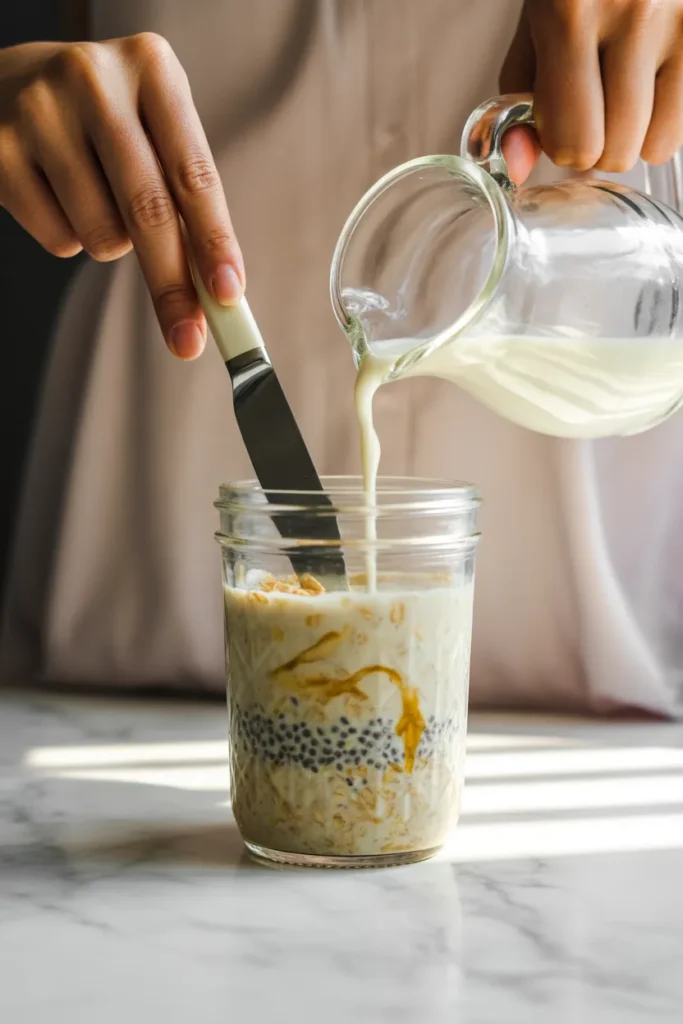 Stirring overnight oats with a butter knife in a mason jar to prevent chia seed clumping
