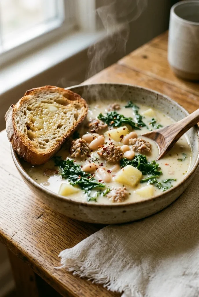 Stoneware bowl of creamy Tuscan sausage soup with cannellini beans and kale, served with toasted sourdough.