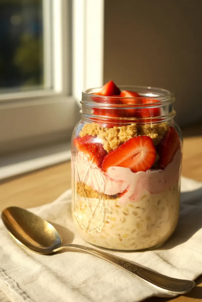 Strawberry cheesecake overnight oats in a mason jar with fresh strawberries and graham cracker topping
