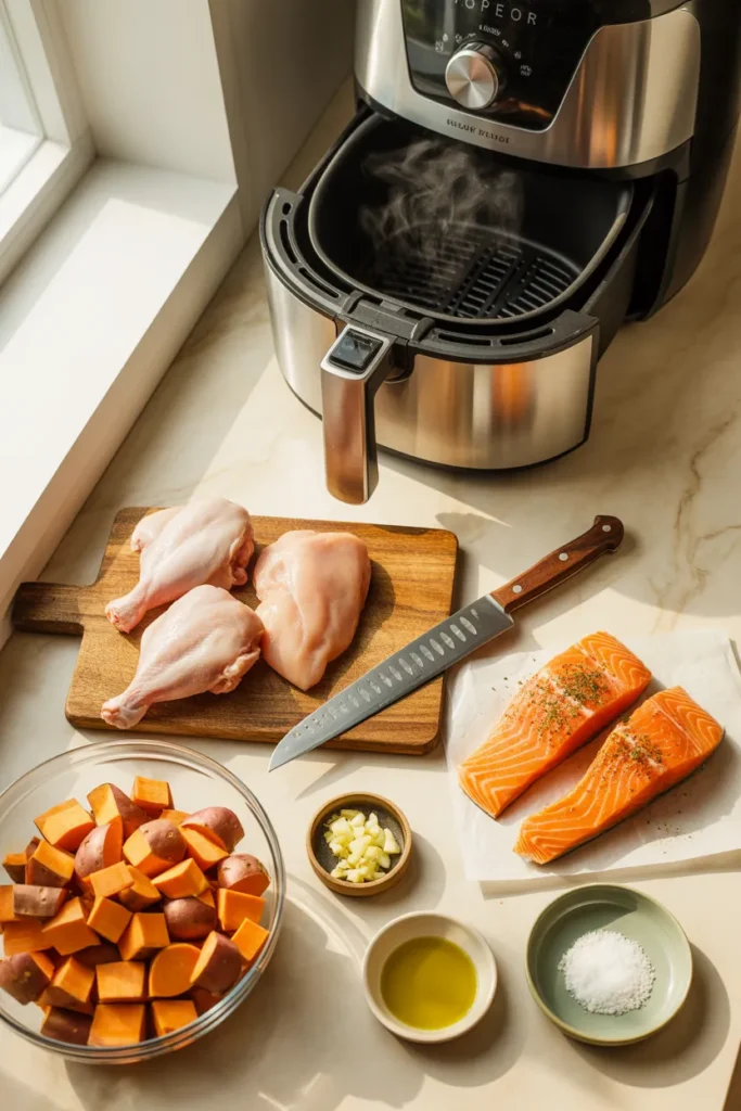 Sunday air fryer meal prep workflow showing chicken, sweet potatoes, and salmon prepped beside an air fryer