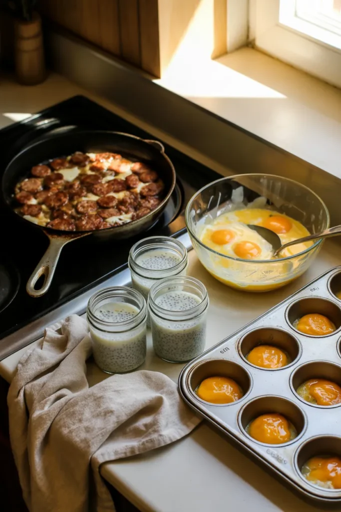 Sunday keto breakfast meal prep workflow with sausage browning, egg muffins being filled, and chia pudding jars being layered.