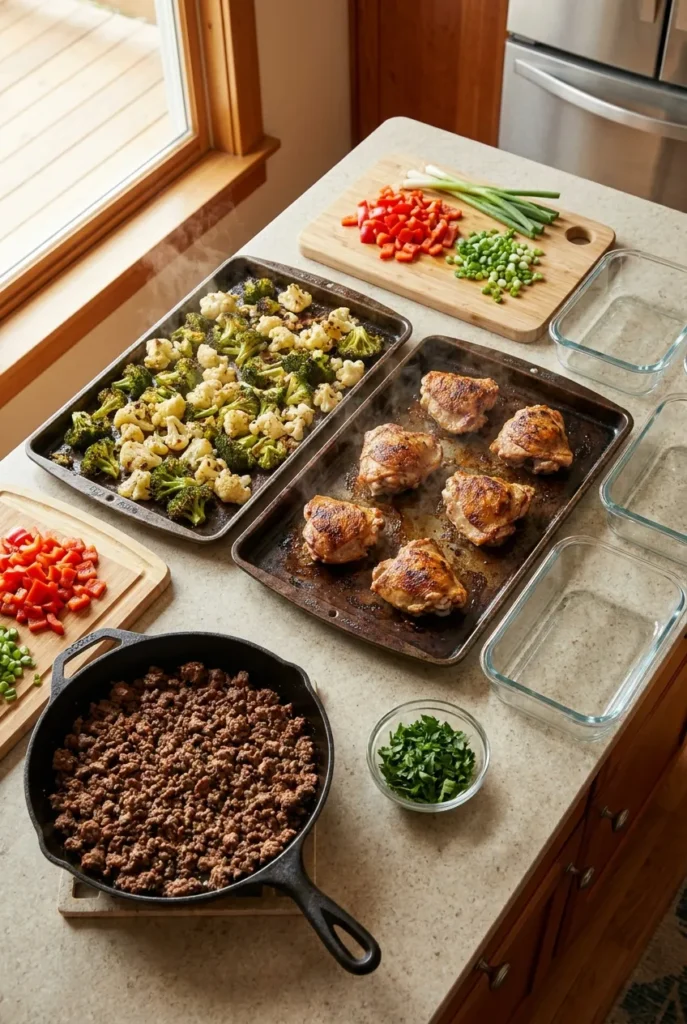 Sunday keto meal prep workflow with sheet pans, skillet beef, and empty glass containers ready to fill.
