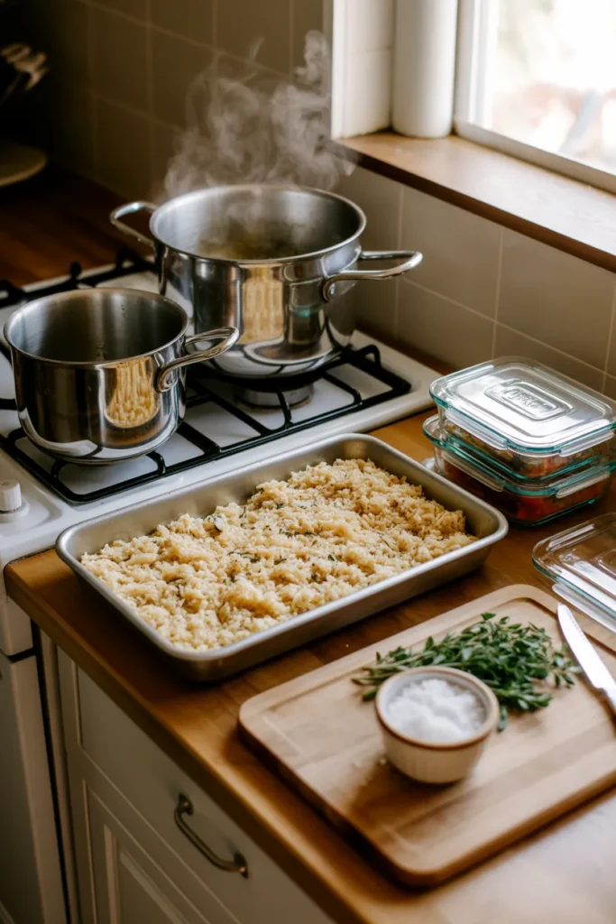 Sunday meal prep scene with two pots of grains cooking and glass containers ready for portioning on a butcher block counter.