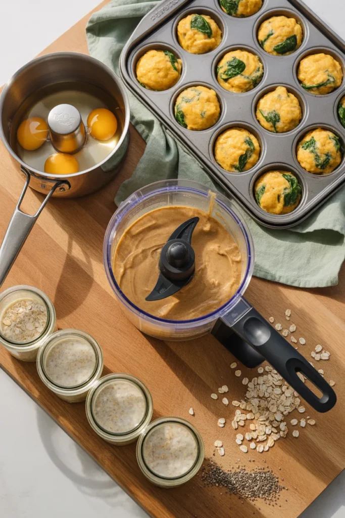 Sunday meal prep workflow staged on wooden counter with eggs, muffins, energy balls, and overnight oats in progress.