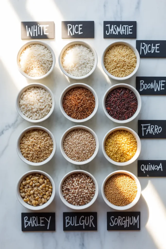 Ten small ceramic bowls of different raw grains and rice varieties on a white marble surface with handwritten labels.