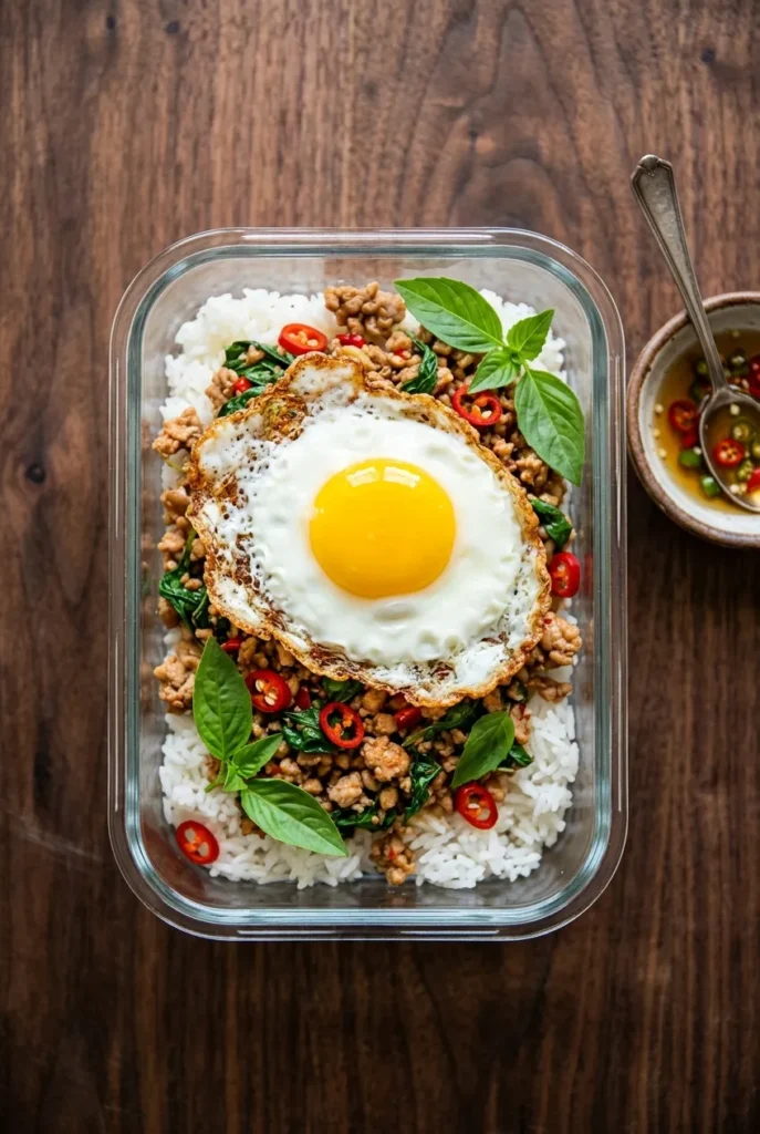 Thai basil ground turkey meal prep with fried egg, jasmine rice, and fresh basil in a glass container.