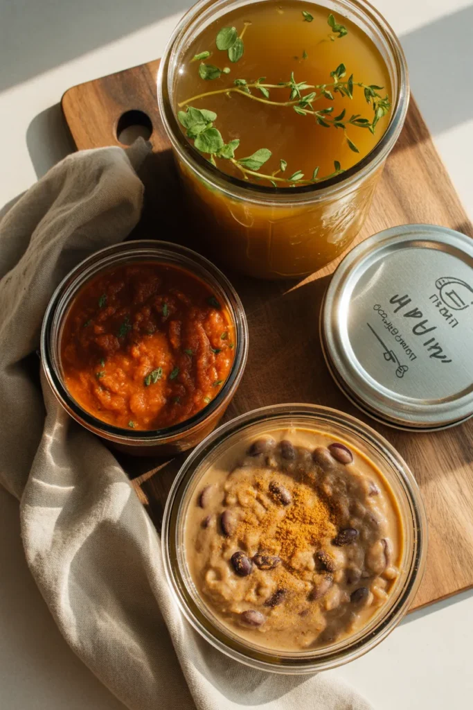 Three Instant Pot meal prep base recipes including bone broth, marinara sauce, and refried black beans in glass containers.