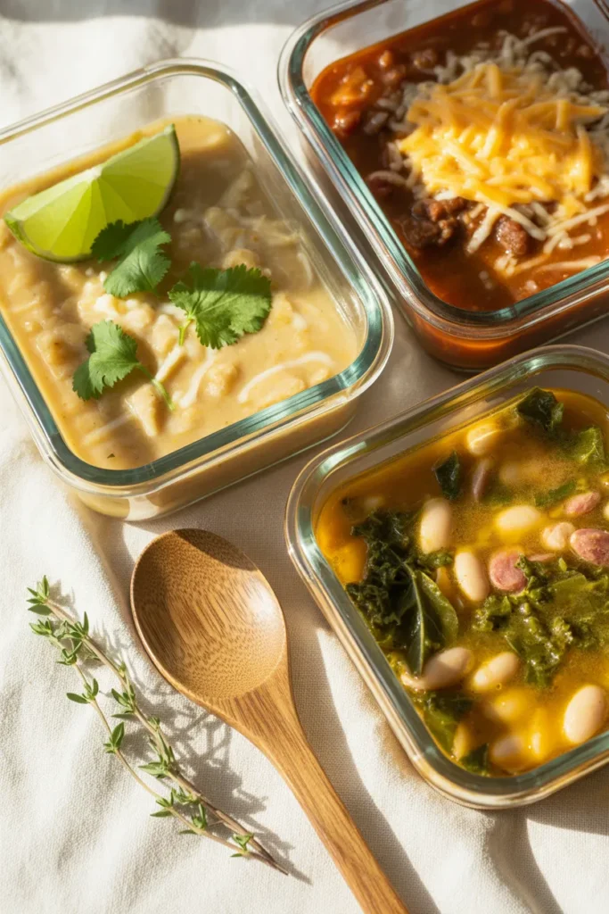 Three Instant Pot soup meal prep containers including white chicken chili, beef chili, and Tuscan white bean soup.