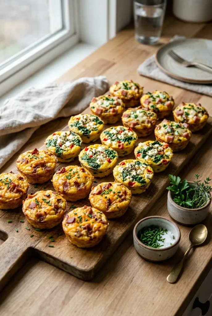 Three flavor variations of egg muffin cups arranged in rows on a wooden board.