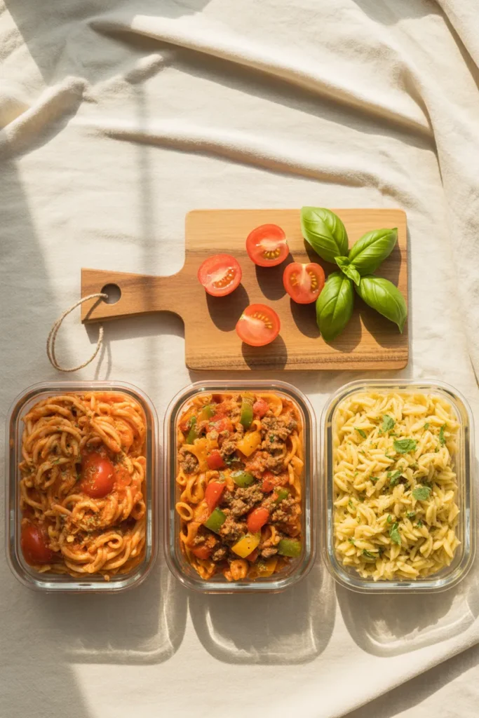 Three glass meal prep containers in a row showing creamy tomato pasta, taco pasta, and lemon orzo on a cream linen background ready for Pinterest title overlay.