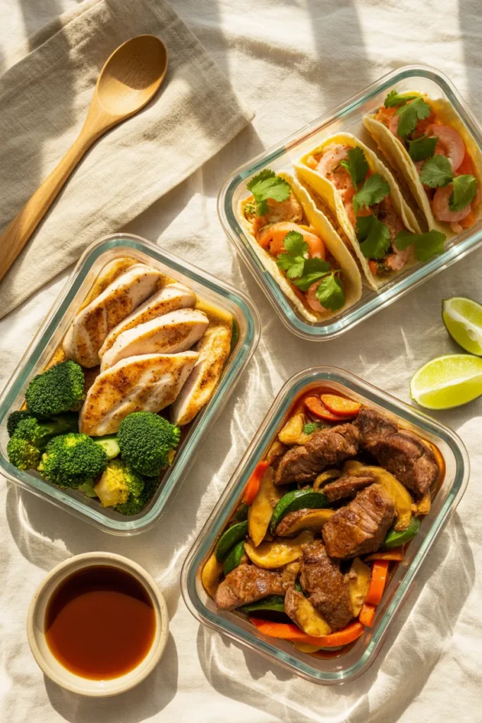Three glass meal prep containers with chicken broccoli, shrimp tacos, and beef stir fry on a cream linen background.