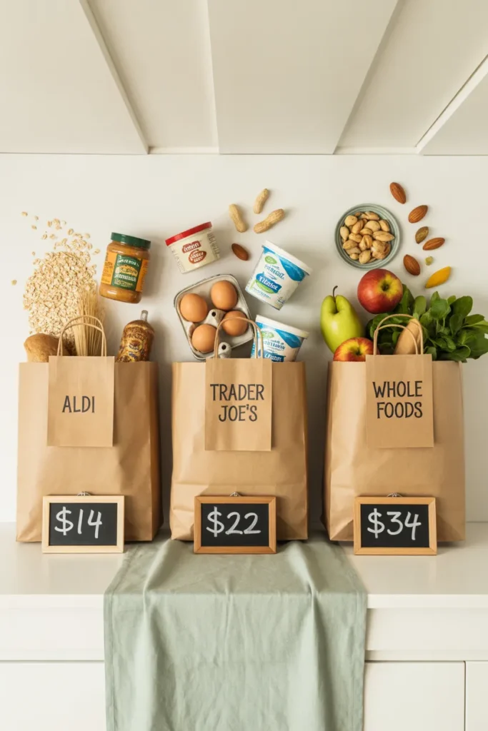 Three grocery bags from Aldi, Trader Joe's, and Whole Foods showing cost comparison for healthy snack meal prep.