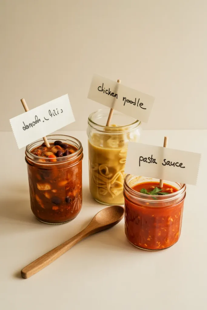 Three labeled glass jars of homemade chili, chicken soup, and pasta sauce ready for the freezer