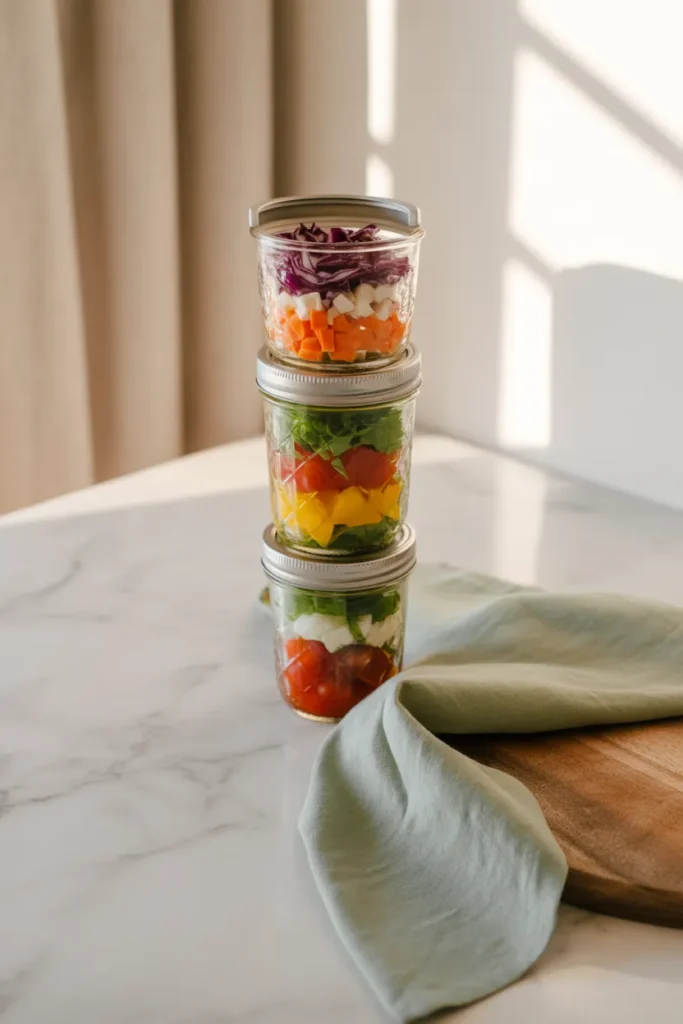 Three layered mason jar salads stacked on a marble counter for weekly lunch meal prep inspiration