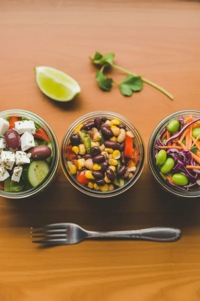 Three mason jar salad varieties Greek, Southwest, and Thai layered side by side for weekly lunch meal prep