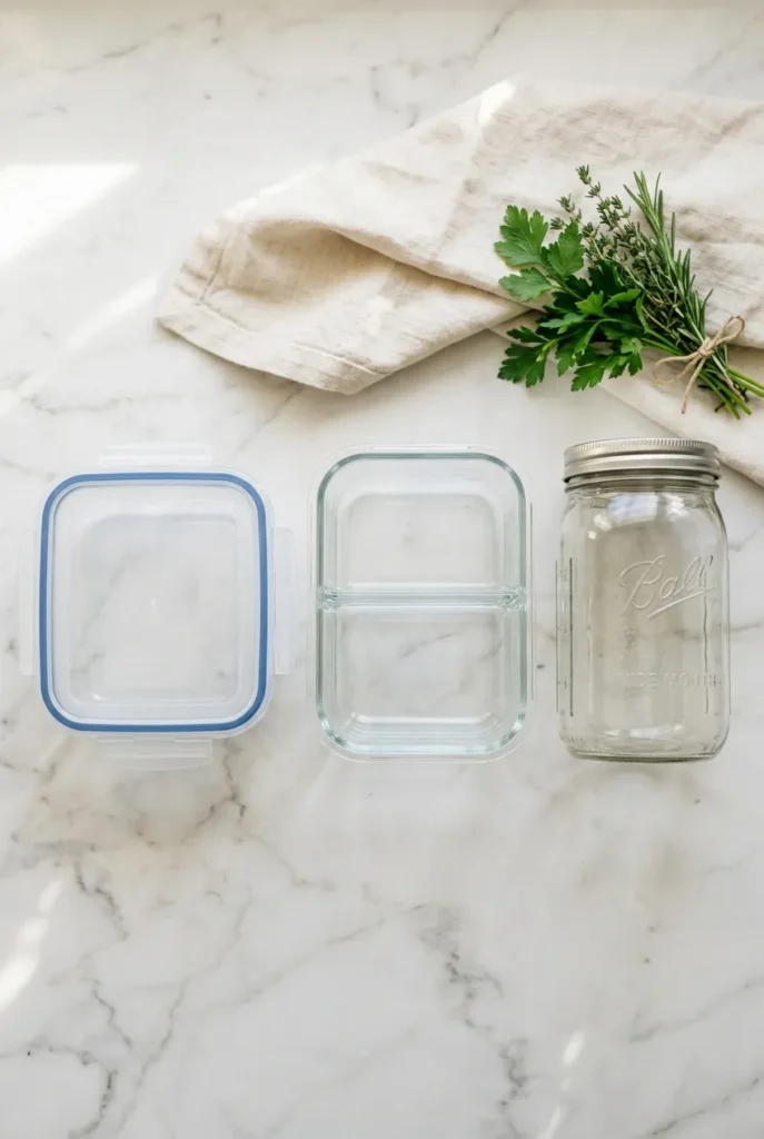Three meal prep container styles on white marble — glass snap-lock, two-compartment, and wide-mouth mason jar.