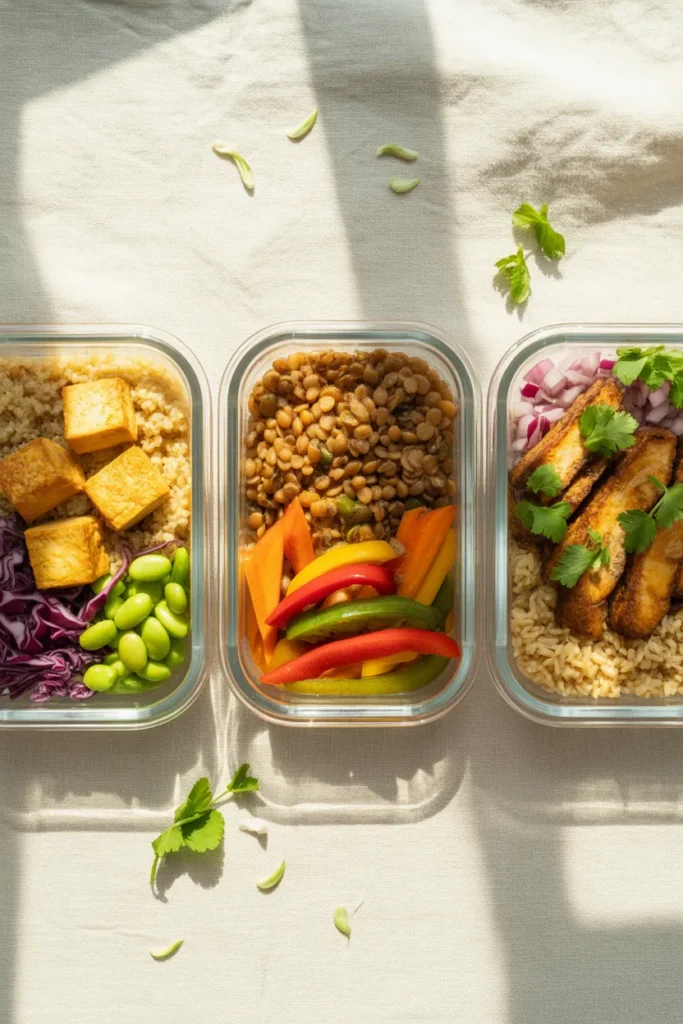Three vegan meal prep bowls with tofu, lentils, and tempeh paired with quinoa, brown rice, and roasted vegetables.