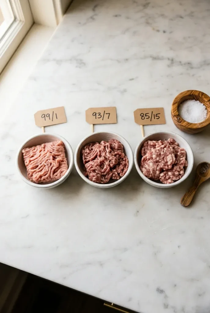 Three white bowls comparing 991, 937, and 8515 ground turkey fat ratios on white marble.