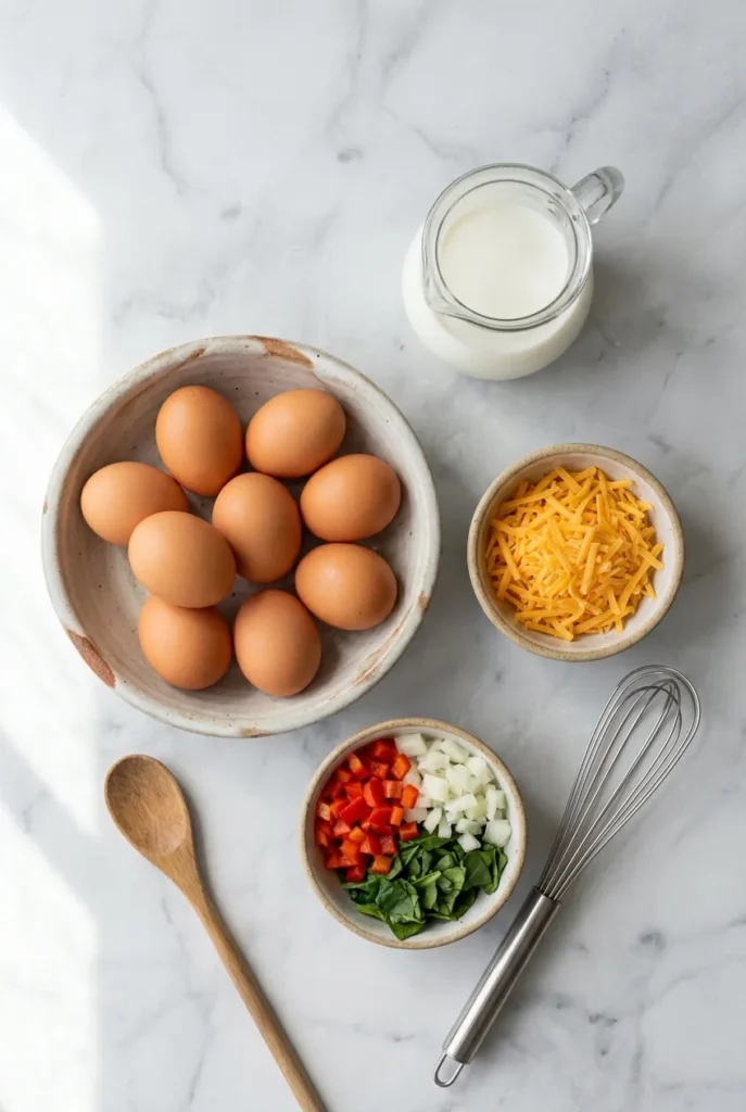 Top-down view of egg muffin cup ingredients including eggs, milk, shredded cheese, and chopped vegetables on a marble surface.