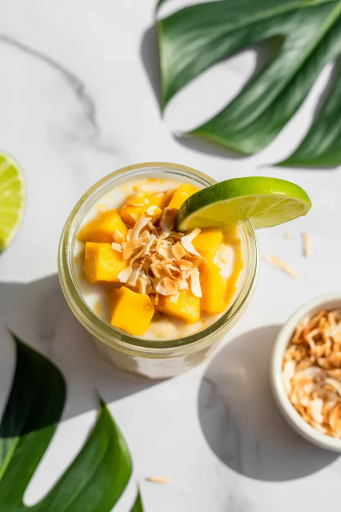 Tropical mango coconut overnight oats with fresh mango and toasted coconut flakes in a glass jar