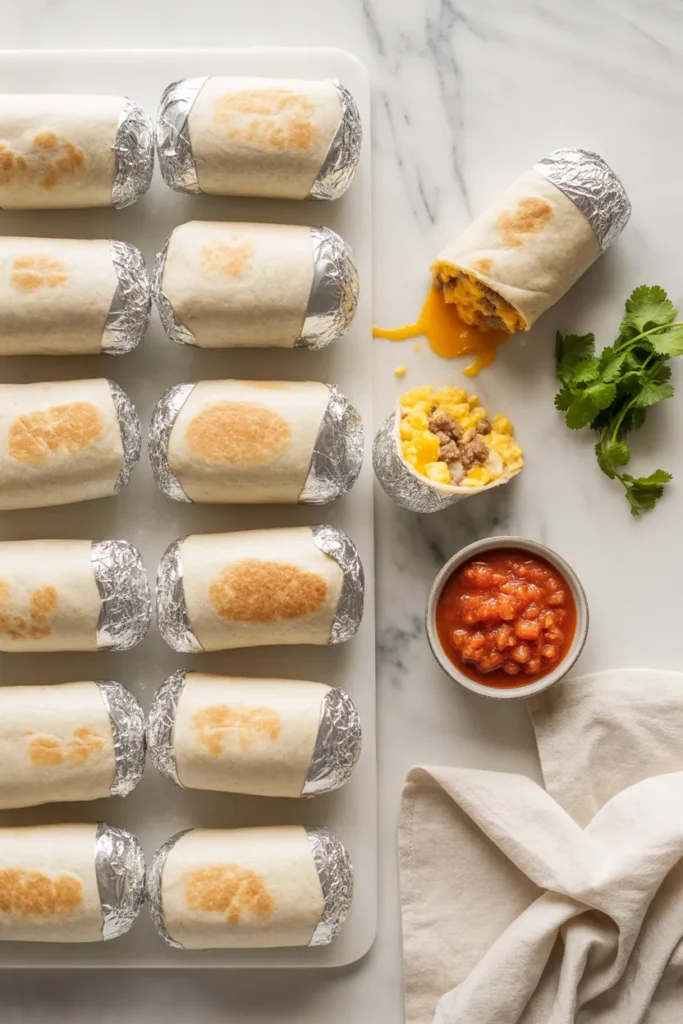 Twelve foil-wrapped freezer breakfast burritos with one cut open showing eggs, sausage, and cheese