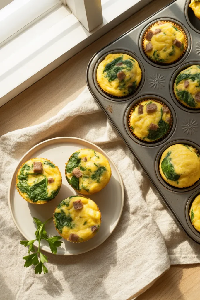 Twelve sausage and spinach keto egg muffins in a metal muffin tin with three plated beside it.