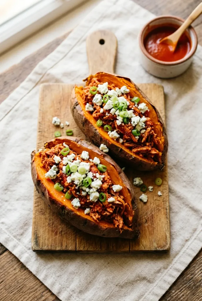 Two buffalo ground turkey stuffed sweet potatoes with blue cheese and scallions on a wooden board.