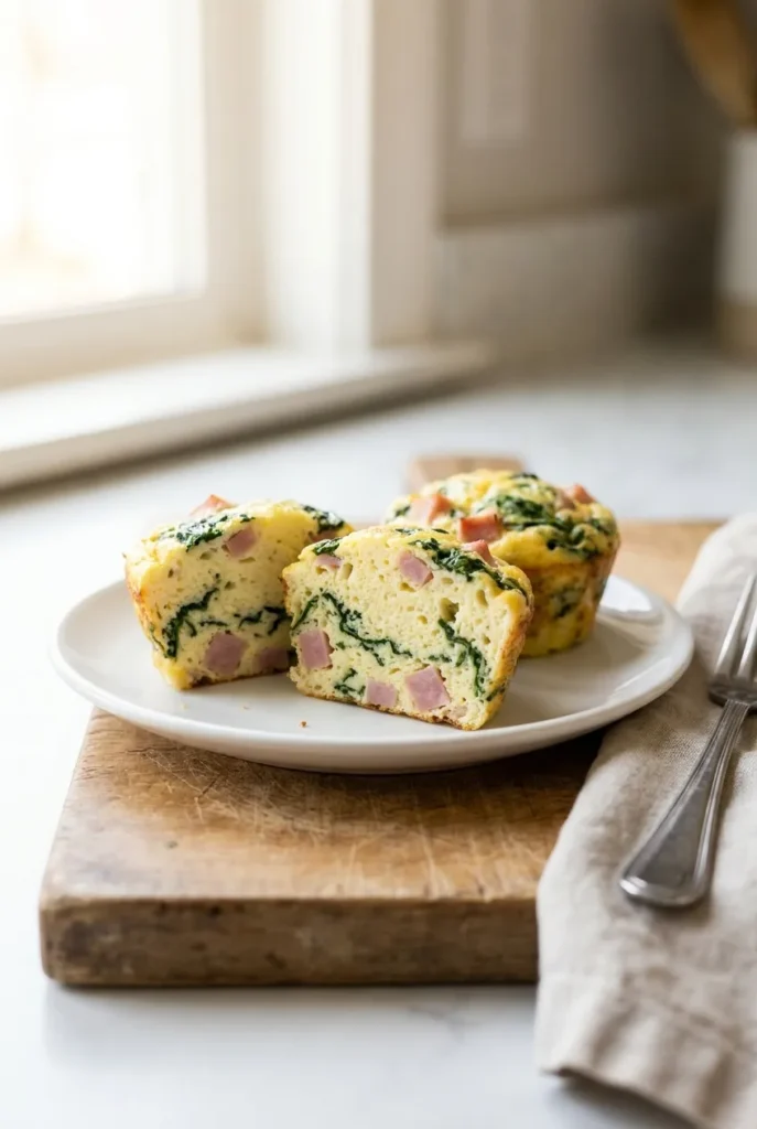 Two egg muffin cups on a white plate, one halved to show the fluffy interior with spinach and ham.