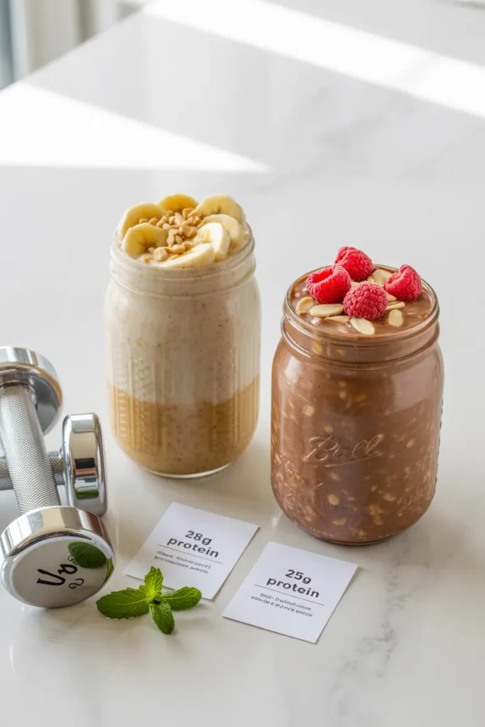 Two jars of high-protein overnight oats showing peanut butter banana and chocolate almond flavors for gym meal prep