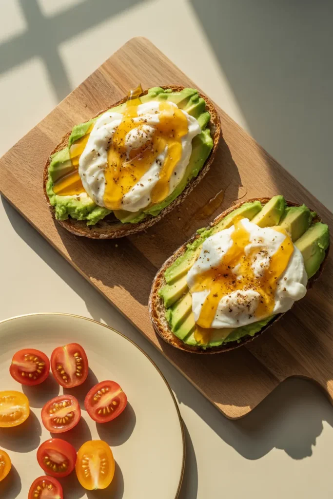 Two loaded avocado toasts with scrambled eggs, everything seasoning, and hot honey on a wooden board.