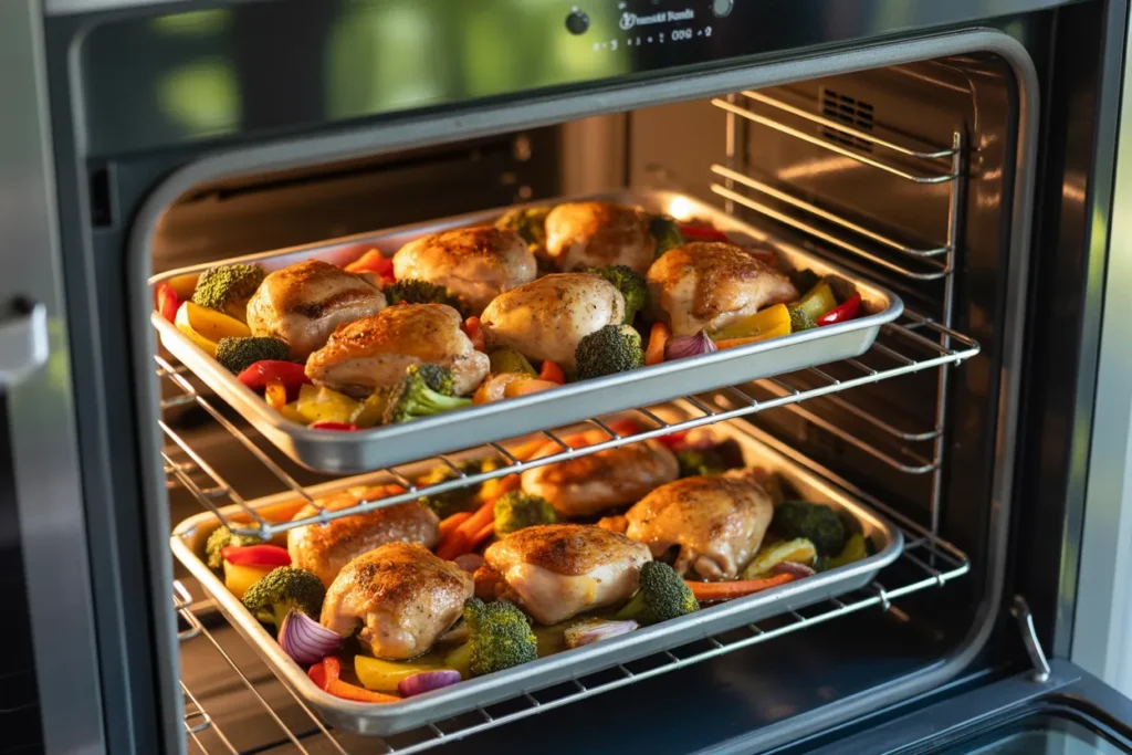 Two sheet pans of chicken and veggies stacked on oven racks for family-size meal prep