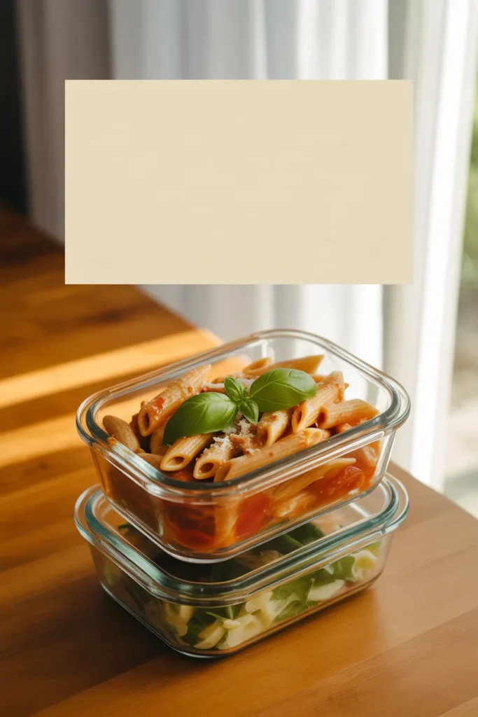 Two stacked glass meal prep containers with creamy tomato penne on warm wood grain background ready for Pinterest title overlay.