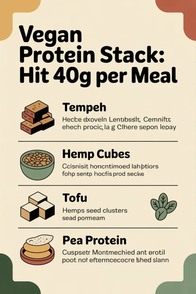 Vegan protein stacking chart showing four combinations to hit 40 grams of protein per meal using tempeh, lentils, tofu, and pea protein.