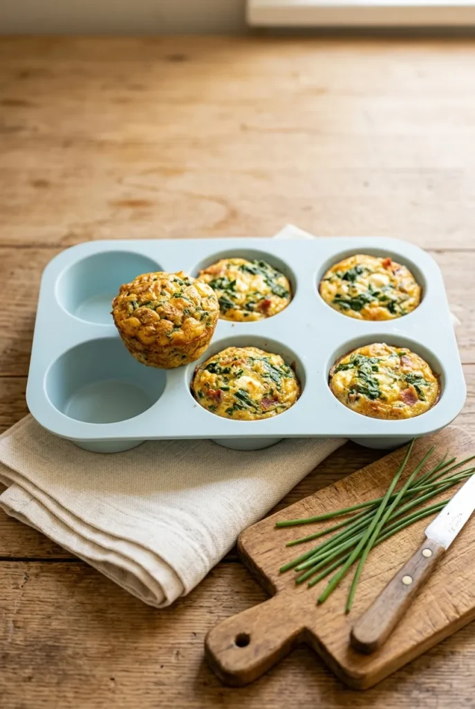 Vertical overhead photo of egg muffin cups in a silicone tin styled for Pinterest with one cup lifted out.