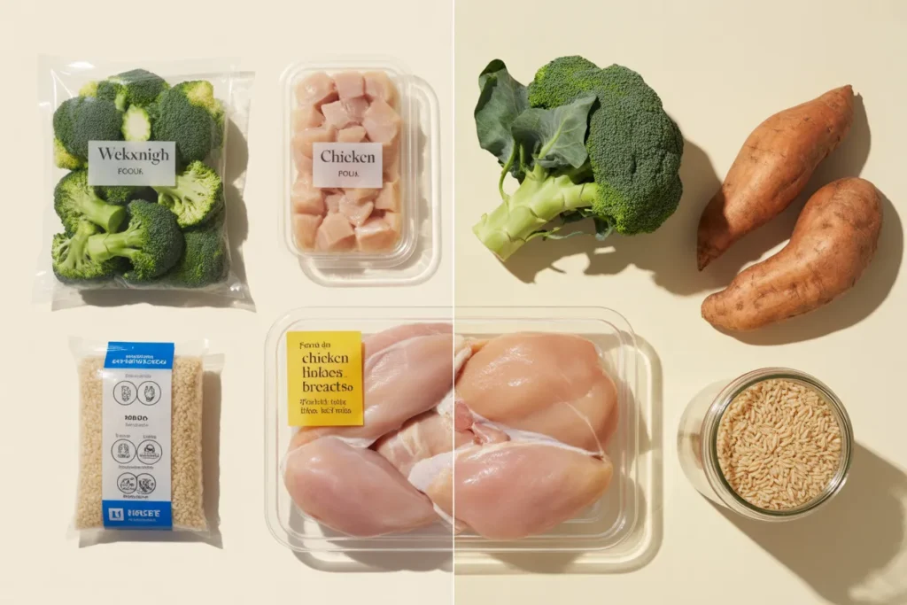 Weeknight versus weekend sheet pan chicken meal prep ingredient comparison side by side